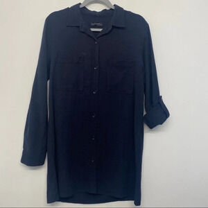 Zara Premium Denim Shift‎ Mini Dress Button Down M Roll Tab Sleeves Navy